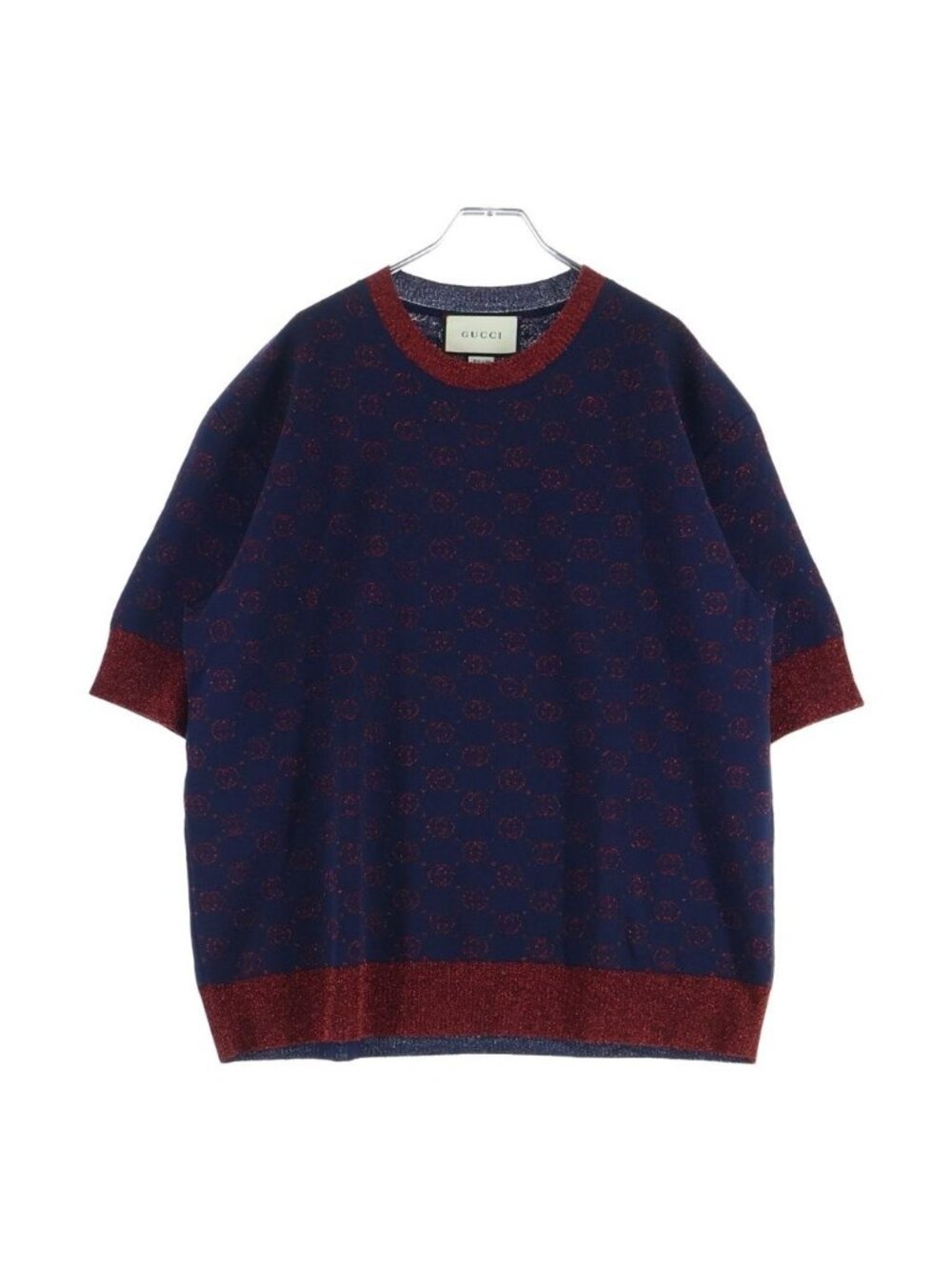 Gucci GG Glitter Short Sleeve Knit Sweater Jacquard Logo All Over Print Navy Red